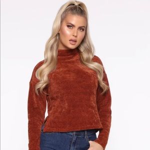 Fashion Nova Cropped Rust Color Shoulder Zip Chenille Sweater